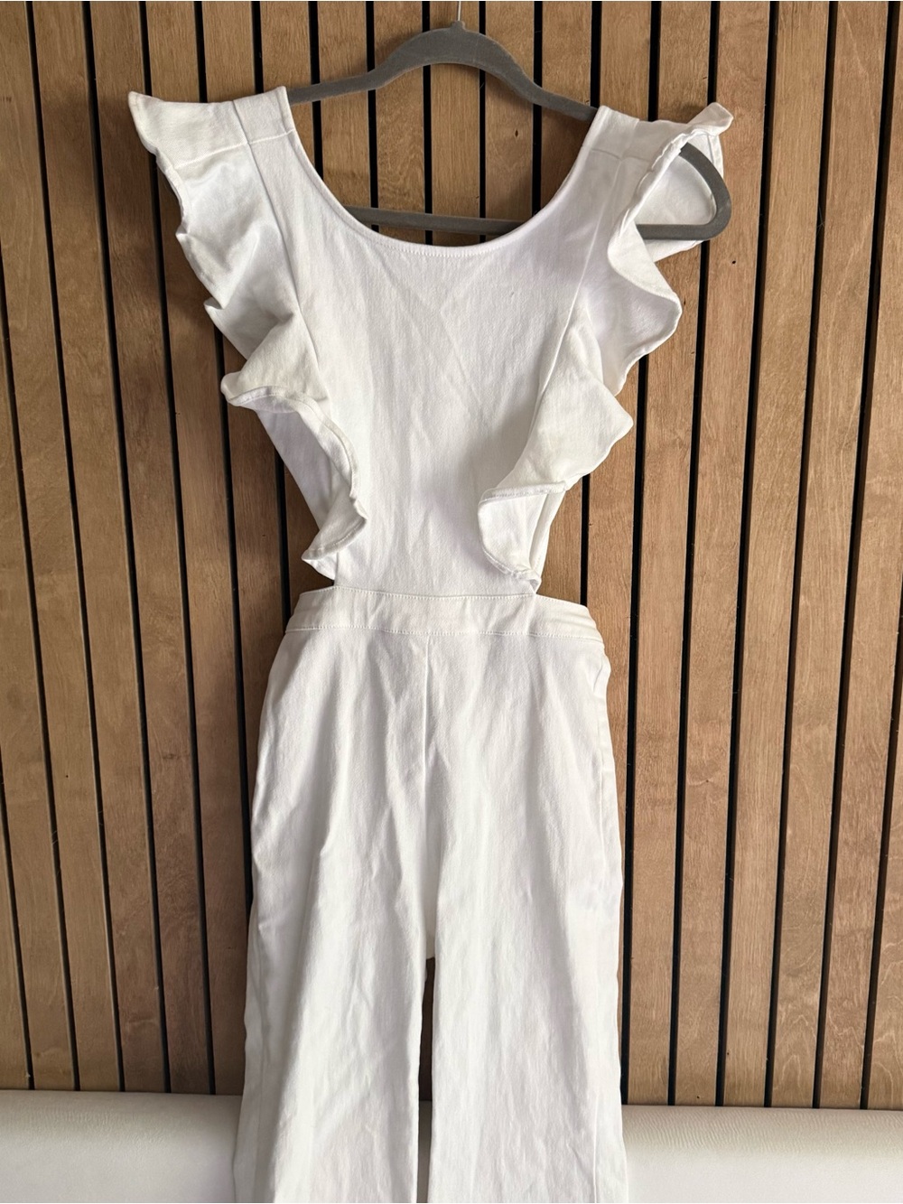 Flying Tomato White Ruffle-Sleeve Boot Flare Jumpsuit